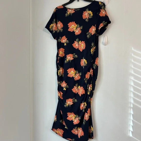 Isabel Maternity Navy Floral Side Ruched Scoop Neck T-Shirt Dress XL New - Picture 9 of 10